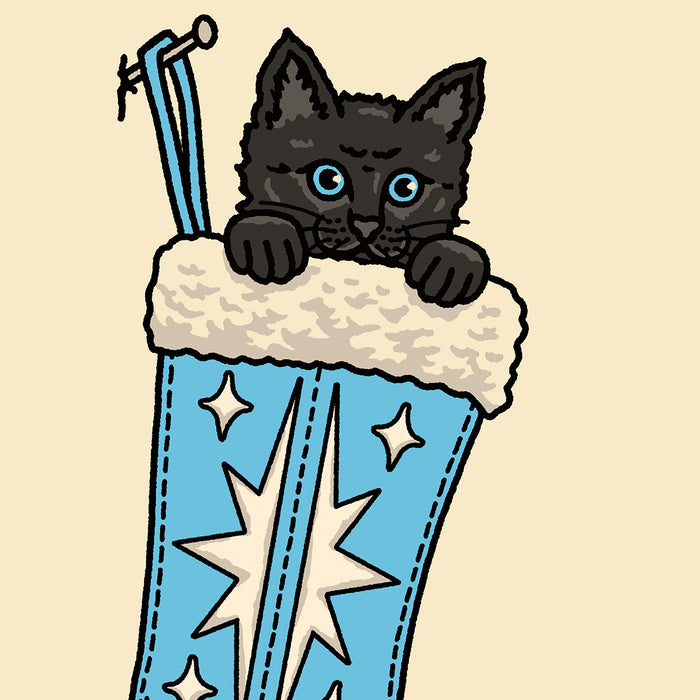 Black Christmas Kitten (Blue) Giclée Print