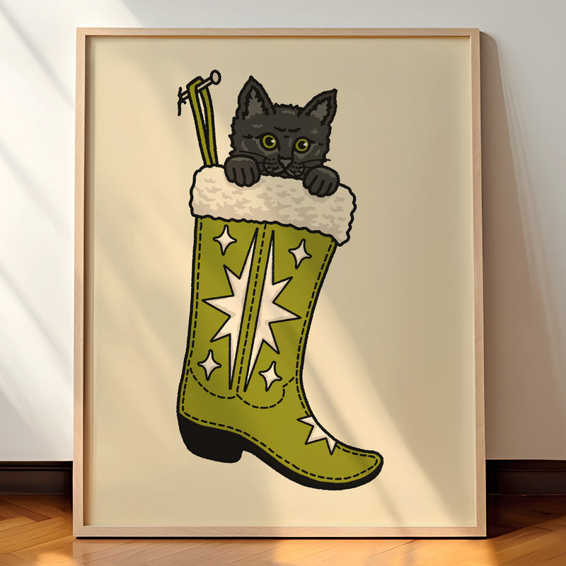 Black Christmas Kitten (Green) Giclée Print