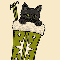 Black Christmas Kitten (Green) Giclée Print