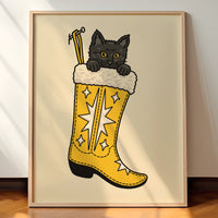 Black Christmas Kitten (Yellow) Giclée Print