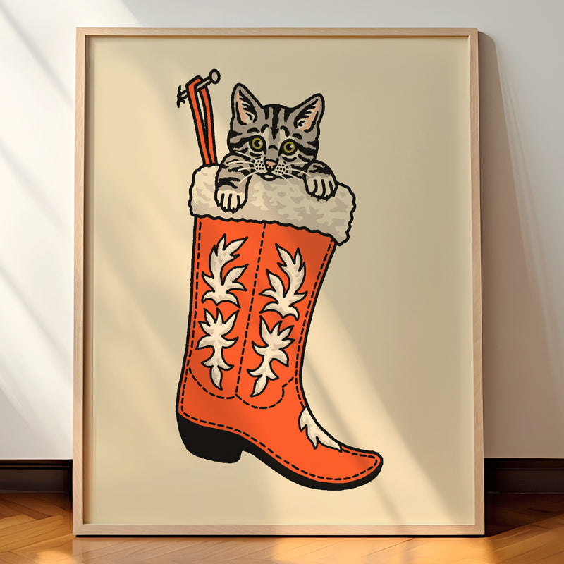 Tabby (Gray) Christmas Kitten Giclée Print