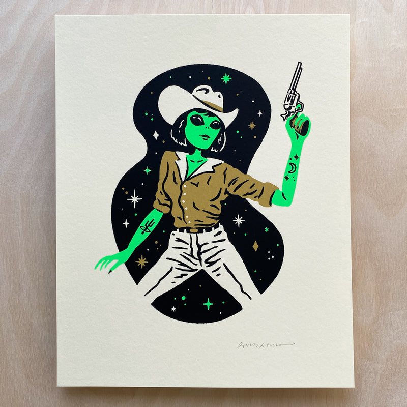 SOLD OUT. Western Alien Goldie - Signed 8x10in Silkscreen Print