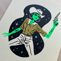 SOLD OUT. Western Alien Goldie - Signed 8x10in Silkscreen Print